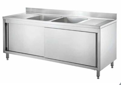 TWO CENTRAL BOWLS SINK - WITH DRAINER - WITH SLIDING DOORS DEPTH 70 CM